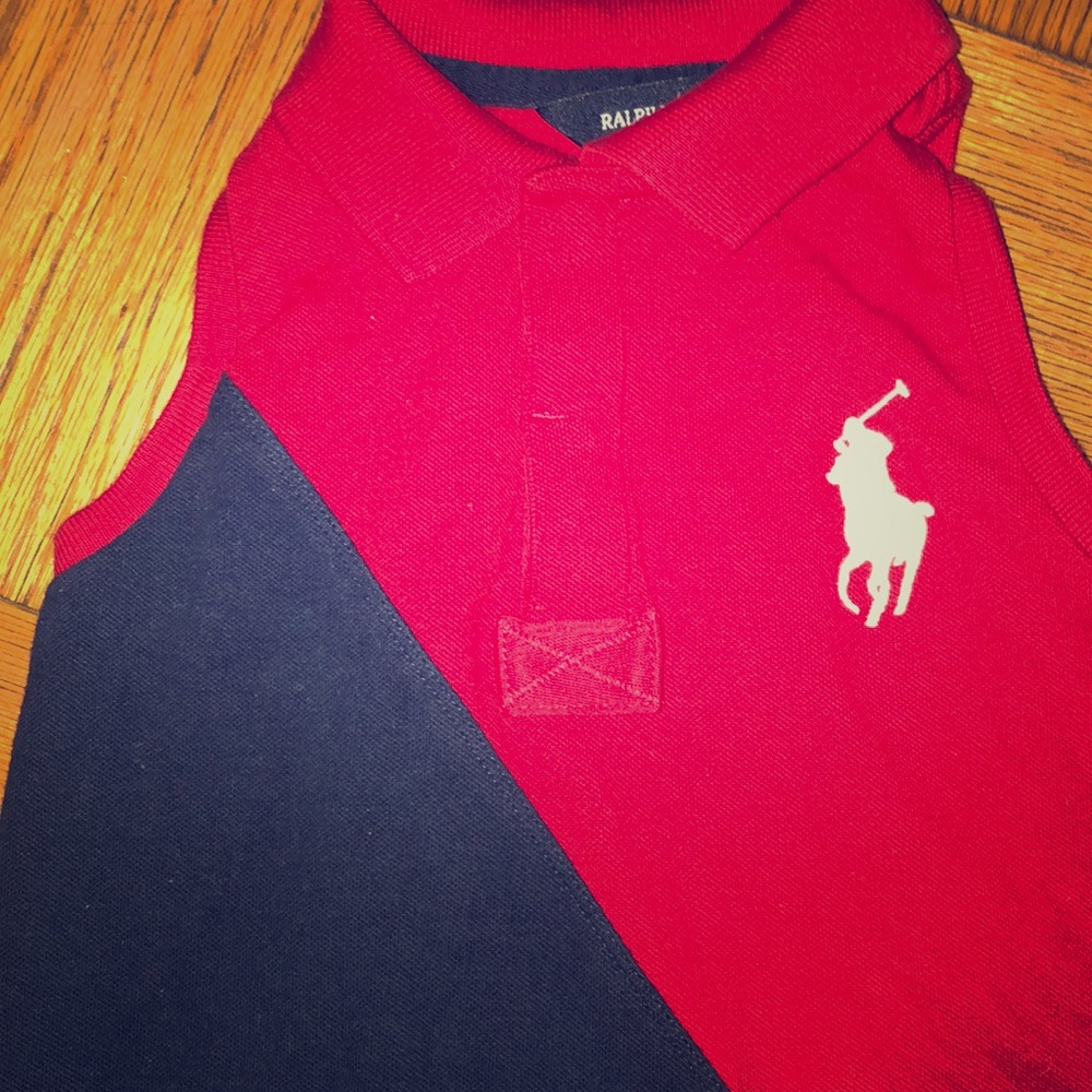 Boys red and blue polo shirt.